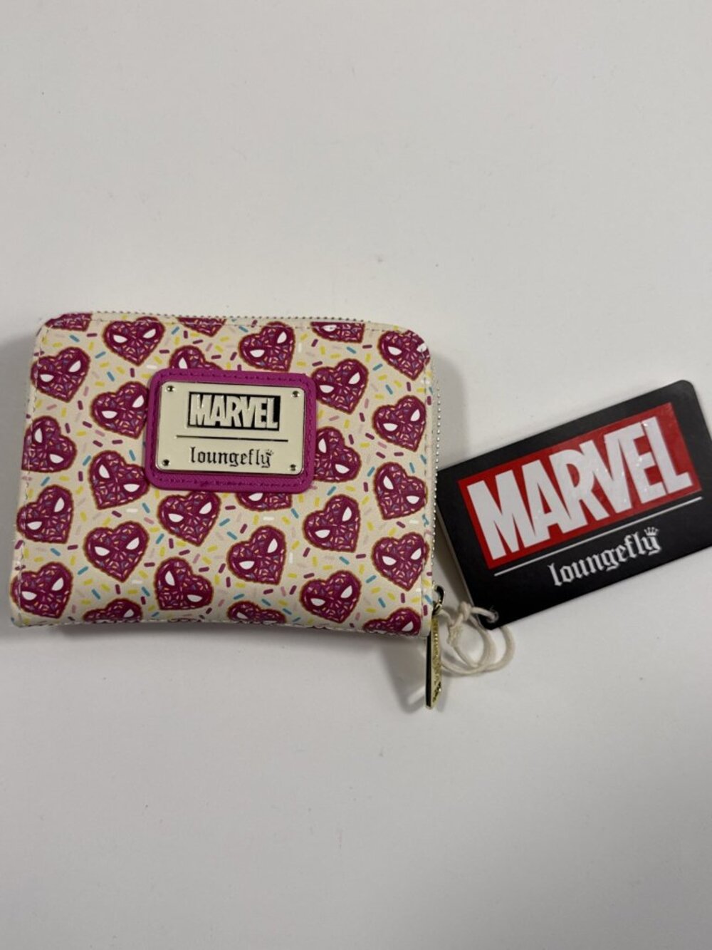 The NWT Loungefly Marvel Spider-Man Sprinkle Donut Mask Accordion PINK WALLET